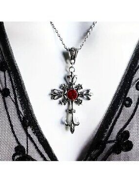 Necklace Ornate Cross Crystal  Vamp Magic Goth Crystal Fleur de lis Spiritual